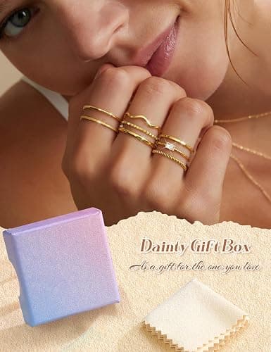 THUNARAZ 8Pcs Stackable Rings for Women Non Tarnish 14K Gold Plated Stainless Steel Dainty Rings Set Minimalist Thin Thumb Ring Cubic Zirconia Wave Statement Ring Bands for Women Size 5-10 thumbnail 6