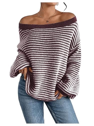 SOLY HUX Women's Off The Shoulder Striped Sweaters Oversized Long Sleeve Knit Pullover Tops thumbnail 3