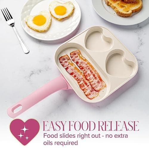Paris Hilton Ceramic Nonstick Divided Skillet with Heart-Shaped Sections and Grill Plate, Cast Aluminum, Dishwasher Safe, 8-Inch, Pink thumbnail 4