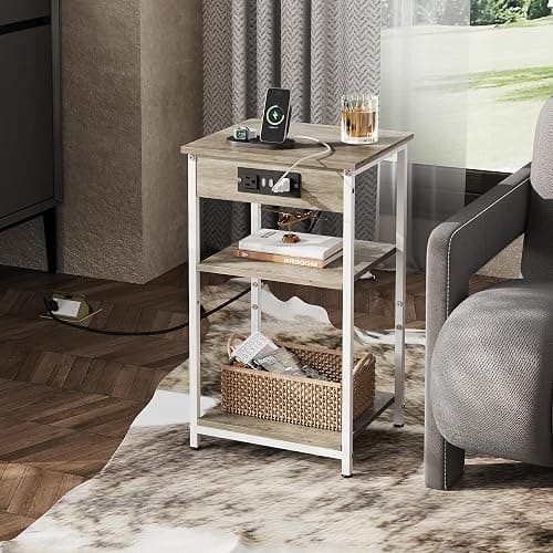 WLIVE Side Table with Charging Station and USB Ports, Small End Tables for Small Spaces, 3-Tier Nightstand with Adjustable Shelf, Bedside Tables, Living Room, Bedroom, Greige thumbnail 2