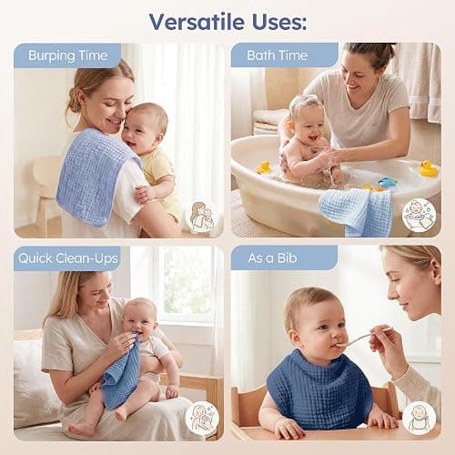 Yoofoss Muslin Burp Cloths for Baby 10 Pack 100% Cotton Baby Washcloths for Boys Girls Large 20''X10'' Super Soft and Absorbent Progressive Blue thumbnail 8