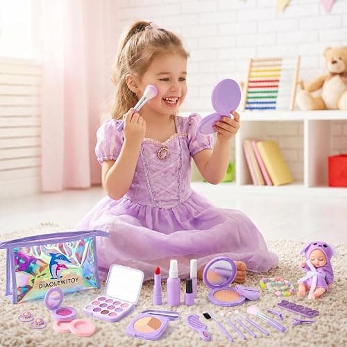 DIAOLEWITOY Pretend Makeup Kit for Girls - 30-Piece Play Cosmetic Set, Birthday Gift for Kids Ages 3-6 Years Old (Purple) thumbnail 6