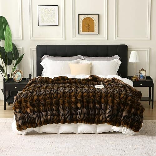 MERRYLIFE Luxury Thick Plush Tiger Print Faux Rabbit Fur Throw Blanket Ultra-Plush Cozy Soft Decorative Blanket Use for Couch Bed Travel (Tiger, 60"*80") thumbnail 2