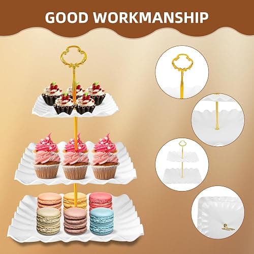 10 Pack Dessert Table Display Set, 4 Three-Tier Square Cupcake Stands and 6 Serving Trays for Cakes, Cupcakes, Pastries and Snacks, Baby Shower Decorations, Bridal Shower, Birthday, Wedding Party thumbnail 6