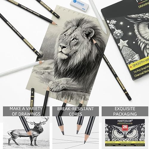 MARTCOLOR Drawing Sketching Pencil Set, 26 Pieces, Graphite Pencils (14B-4H), Charcoal Pencils, Charcoal Sticks, Blending Stump, Eraser, Sharpeners, Artist Pencils for Beginners & Pro Artists thumbnail 5