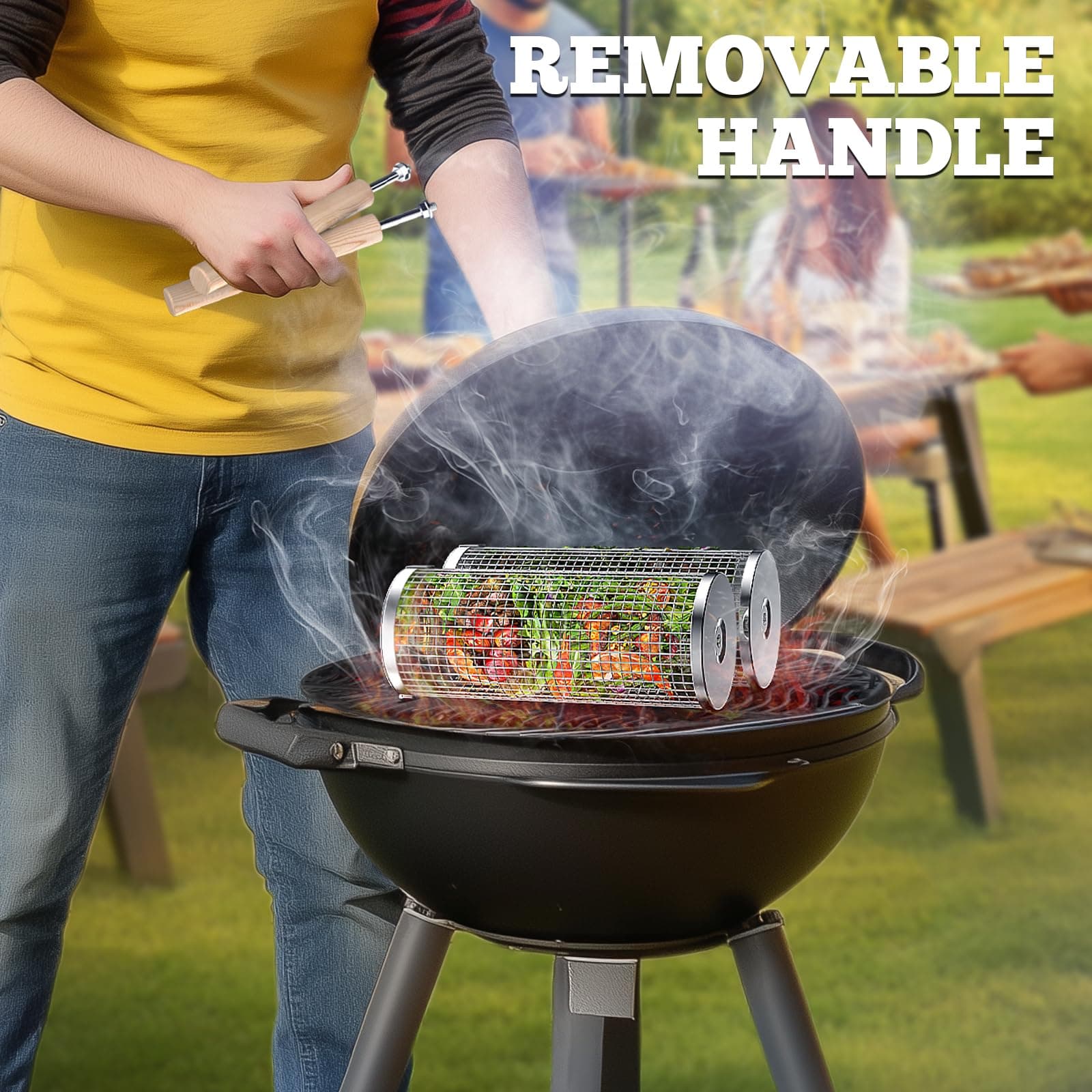 Rolling Grill Baskets, Removable Wooden Handle, 304 Stainless Steel, Nesting Grilling Net, BBQ Accessories Tools for Vegetables Shrimp, Outdoor Cooking Camping, Birthday Gifts for Men Dad Husband thumbnail 5