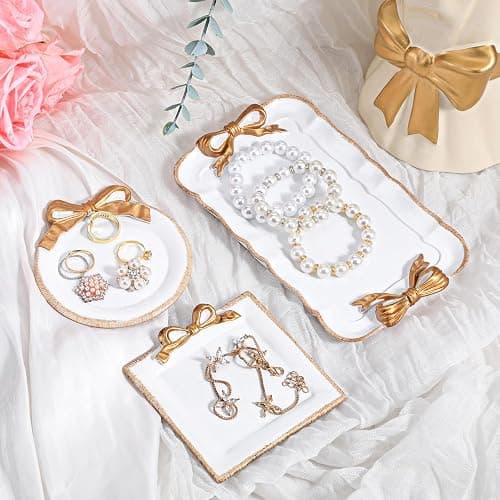 Oqqlin 3 Pcs Bow Jewelry Tray, Resin Decorative Jewelry Tray 3 Size Vintage Trinket Ring Dish Watch Key Bowl for Bedroom, Bathroom Decor thumbnail 2