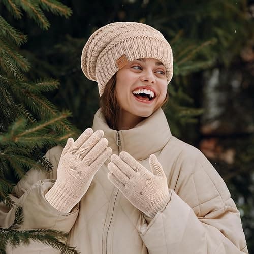 Women's Beanie Hat Gloves Set, Fleece Lined Winter Hat with Touchscreen Gloves for Cold Weather thumbnail 5