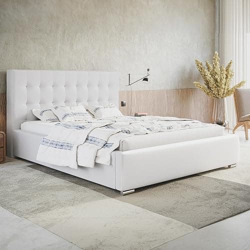 MOTIVENA Deli Bett 120x200 Weiß Kunstleder, mit Stauraum, mit Kopfteil, mit Lattenrost, mit Füßen, ohne Matratze, Polsterbett 120x200 mit Bettkasten Weiß - Image 1
