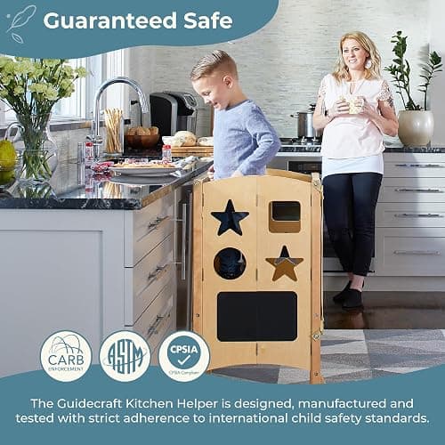 Guidecraft Classic Kitchen Helper® Stool - White with Keepers and Non-Slip Mat: Foldable, Adjustable Height Safety Cooking Tower for Toddlers with Chalkboard | Kids Learning Platform - White thumbnail 3