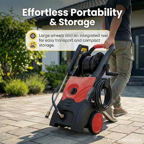 Nozzlpeak 3000 PSI Electric Pressure Washer, 2.3 Max GPM, 1625W, Orange Red | Comes with hose reel & 36ft cord, leak-proof design, 5 nozzles and foam pot to clean cars, fences and courtyards thumbnail 4