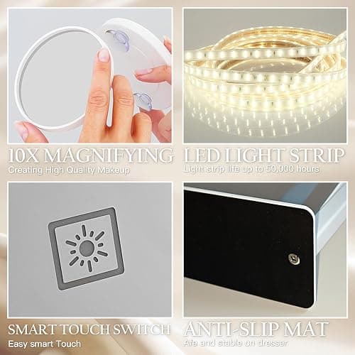 ROLOVE 16x12 Inch Vanity Mirror with Lights, Lighted Makeup Mirror with 10X Magnification, Smart Touch 3 Colors Dimmable, Dresser Mount, Bathroom (White) thumbnail 6