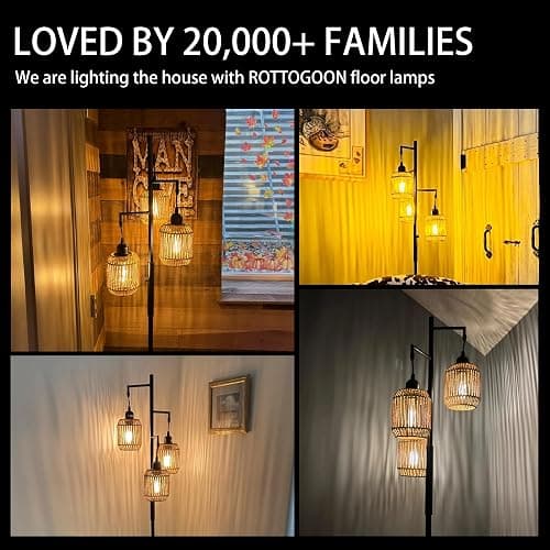ROTTOGOON Dimmable Boho Floor Lamp - 3 Light Farmhouse Rattan Floor Lamp for Living Room, Industrial Tree Floor Lamps with 3 X 6W LED Bulbs, Rustic Standing Tall Lamp for Bedroom, Office, 68", Black thumbnail 6