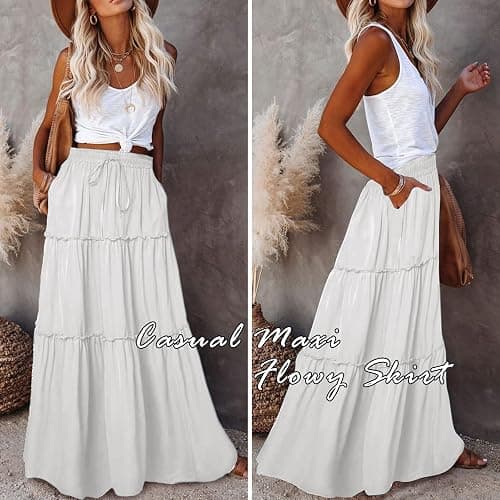 EARKOHA Womens Casual High Waist Tie Paisley Print Long Maxi Skirt with Pockets - Solid-white - Small thumbnail 2