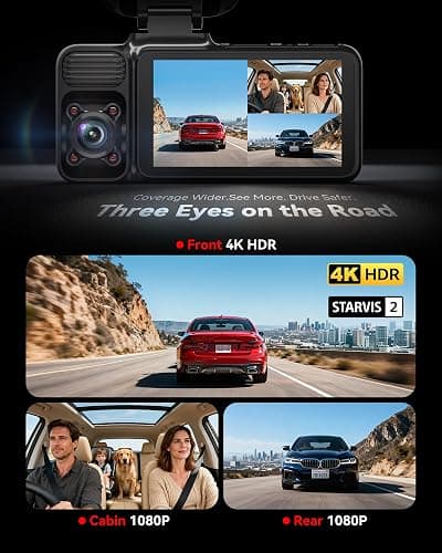 REDTIGER F17 4K 3 Channel Dash Cam, STARVIS 2 IMX675 HDR, 2160P+1080P+1080P Front Inside and Rear Triple Car Camera with 64GB Card, 5.8GHz WiFi GPS, IR Night Vision, G Sensor, WDR, Parking Mode thumbnail 2