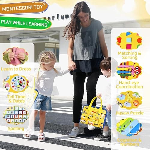 Esjay Toddler Busy Board Montessori Toys for Boys Girls, Sensory Board Educational Activities for Learning Fine Motor Skills, Birthday Gifts for Toddlers, Travel Toys for Airplane Car, Yellow Truck thumbnail 6