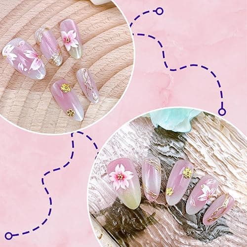 30Pcs Shiny Pink Press on Nails Medium Almond Fake Nails with Gold Beads 3D Flowers Designs Spring Acrylic Nails Peach Blossoms False Nail Gradient Pink Flower Full Cover Stick on Nails for Women thumbnail 2