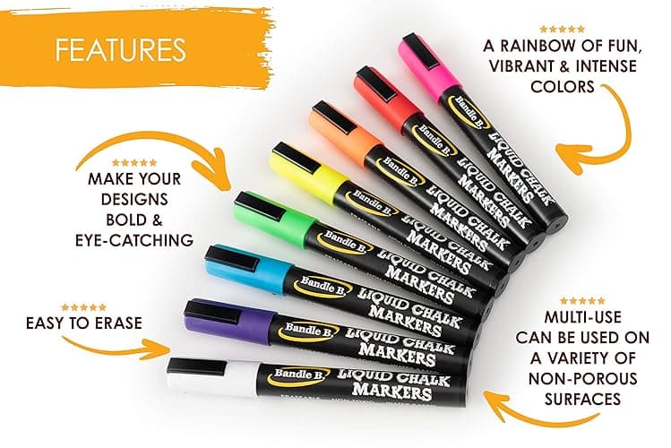 Bandle B. Chalk Markers - 8 Vibrant, Erasable, Non-Toxic, Water-Based, Reversible Tips. For Glass or Chalkboard Markers for Businesses, Restaurants, Liquid Drawing Chalk (Vibrant 6mm) thumbnail 4