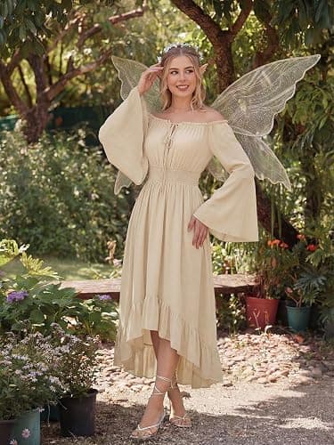 Scarlet Darkness Renaissance Dress Women Off Shoulder Bell Sleeve Dress | Bell Sleeve, Pockets, High Low Hem, for Fairy Goth Halloween Pirate Party thumbnail 7