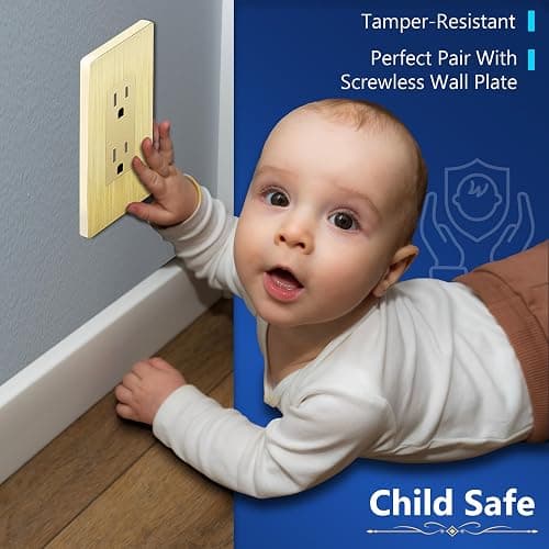 LIDER Child Safe Tamper-Resistant Wall Outlet with Screwless Brushed Wall Plate, Residential Grade, 15A 125V, LR15-TR-GDSBWP, UL Listed, Thermoplastic, Matte Gold thumbnail 5
