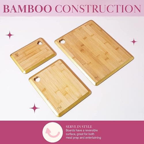 Paris Hilton Reversible Bamboo Cutting Board Set with Heart Shaped Cut-Out Design, Glamorous Gold Edge Detail and Multiple Board Sizes, 3-Pieces, Gold thumbnail 6