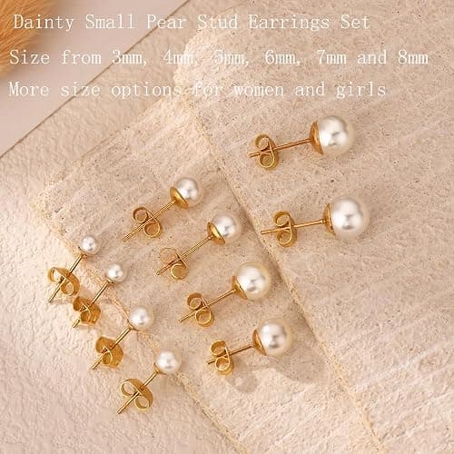 14K Gold Filled Polished Small CZ Pearl Ball Stud Earrings Set for Women Men 20G Surgical Steel Hypoallergenic Piercing Studs for Sensitive Ear, Pack of 6 Pairs thumbnail 2