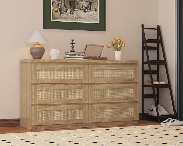 GarveeHome Rattan Dresser for Bedroom, Modern 6 Drawer Double Dresser for Bedroom, Wide Wood Chest of Drawers for Bedroom, Living Room, Hallway, Natural thumbnail 6