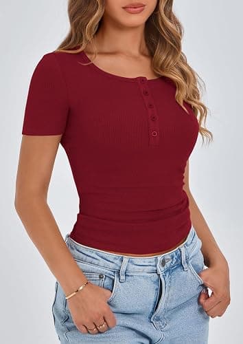 PRETTYGARDEN Women's 2025 Spring Summer Short Sleeve Tops Ribbed Henley Button Slim Fit Basic Casual T Shirts Blouse Clothing - Wine Red - Large thumbnail 8