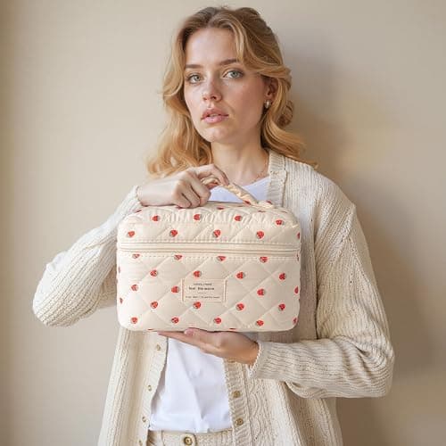 HBselect Large Quilted Makeup Bag for Women Cute Cotton Travel Cosmetic Bag | Floral Coquette Aesthetic Toiletry Organizer Bag with Handle, Portable Multifunctional Makeup Bag, Gifts for Bridesmaids thumbnail 7