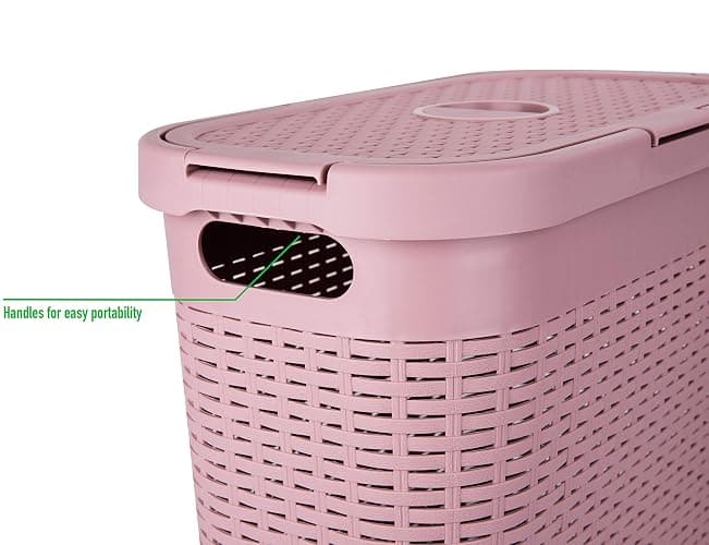 Mind Reader 40L Slim Laundry Hamper, Clothes Basket, Lid, Wicker Design, Plastic, 18"L x 10.4"W x 23.5"H, Pink - Pink - Single thumbnail 6