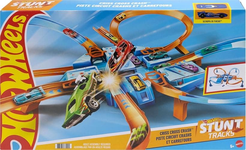 Hot Wheels Track Set with 1:64 Scale Toy Car, 4 Intersections for Crashing, Powered by a Motorized Booster, Criss-Cross Crash Track (Amazon Exclusive) thumbnail 6