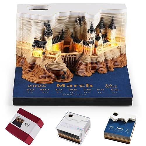 3D Time Piece Calendar 2026, Art Calendar Memo Pad 2026 Mini Desk Calendars Magic Castle with Lights, 3D Sticky Note Desktop Tear Off Calendar Gift for Christmas Office Decoration - Image 1