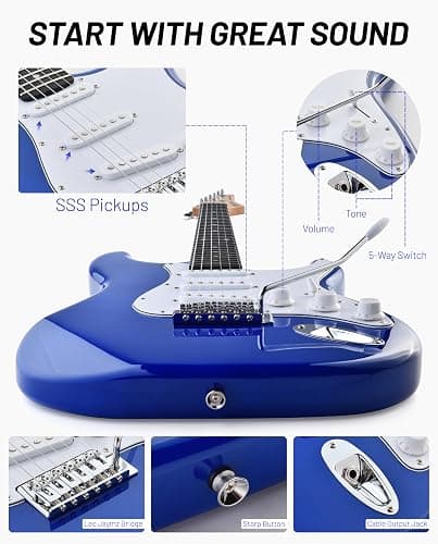 Leo Jaymz Beginner Electric Guitar Complete Kit with Portable Amp, Padded Gig Bag & Full Accessories, Maple Neck SSS Pickups(Royal Blue) thumbnail 5