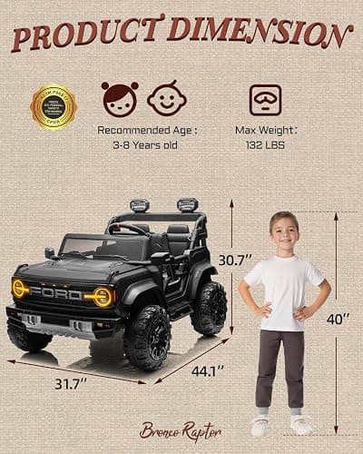 First Ride On 24V Ride on Toys for Big Kids, Licensed Ford Bronco Raptor Electric Car 2 Seater with Remote Control, Kids Ride on Cars w/ 2-Seater, 4.3 Mph Max Speed, Soft Start Function (24V, Black) thumbnail 2