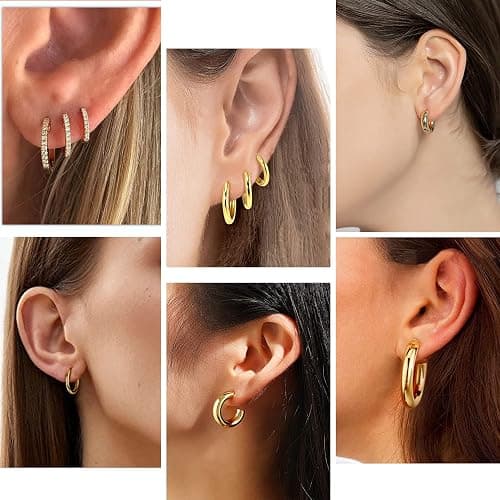 Cuicanstar 9 Pairs Chunky Gold Plated Hoop Earrings Lightweight 14K Gold Plated Hoops Earrings Minimalist Artificial Cubic Zirconia Huggie Earrings Set for Women thumbnail 3