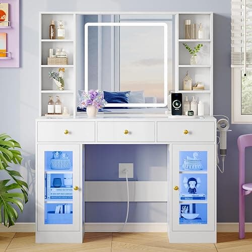 Makeup Vanity Desk with HD Lighted Mirror & Power Outlet, Glass Top Vanity Table Set with Storage Drawers & RGB Cabinets, Large Dressing Table with 3 Lighting Modes for Bedroom Women Girls Kids, White thumbnail 3