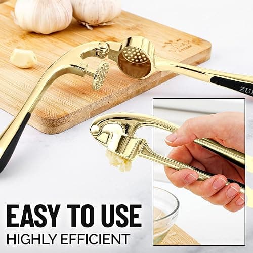 Zulay Kitchen Premium Garlic Press with Soft, Easy to Squeeze Handle - Includes Silicone Garlic Peeler & Cleaning Brush - 3 Piece Garlic Mincer Tool - Sturdy Easy to Clean Garlic Crusher (Gold) thumbnail 4