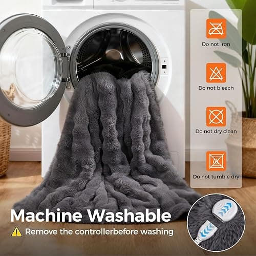 Heated Blanket Throw, Fast Heating Blanket Throw with 1/2/4/6/9/12 Hours Auto-Off 8 Heat Level, 50'' * 60'' Cozy Faux Rabbit Fur Bubble Blanket, Soft Fluffy Warm Blanket(Dark Grey) thumbnail 5