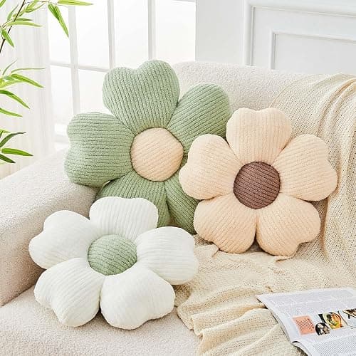 Kcvvcr Flower Throw Pillow, Cute Flower Shaped Pillow Decorative Throw Pillow for Bed Couch, Soft Daisy Pillows Floor Seating Cushion Cushions (14.9 Inch White+Green) thumbnail 4