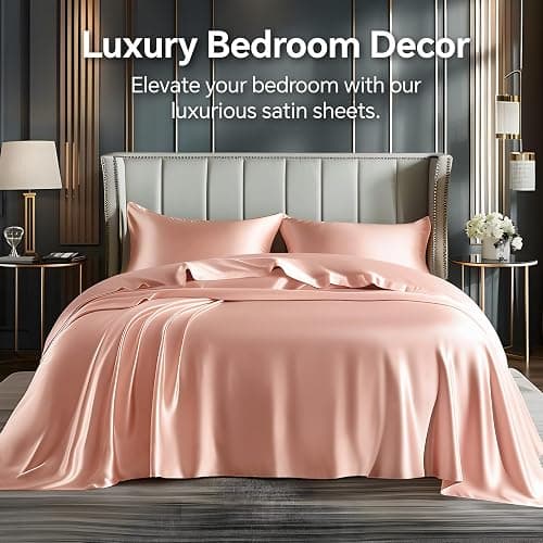 BEDELITE Satin Sheets Full Size Bed Set, Luxury Soft Coral Pink Silky Sheets for Hair and Skin, Similar to Silk Bed Sheets Set 4 Pieces with 1 Deep Pocket Fitted Sheet, 1 Flat Sheet, and 2 Pillowcases thumbnail 2