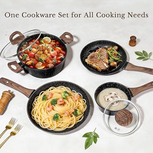 EWFEN 25 Pcs Pots and Pans Set, Nonstick Ceramic Cookware Sets, Healthy Non-Toxic, Large Capacity, Induction Compatible, Cooking Set with Frying Pans & Saucepans, PFAS/PTFE/PFOA Free, Classic Black thumbnail 2