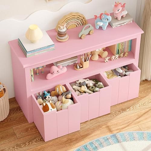 FOREHILL Toy Storage Unit Kids Bookshelf, 3 Drawers with Swivel Castors | Kids Storage Cabinet, Childrens Bookcase for Nursery, Living Room, Toy Organiser, Kids Bedroom Furniture, 102x33x61.5cm Pink thumbnail 8