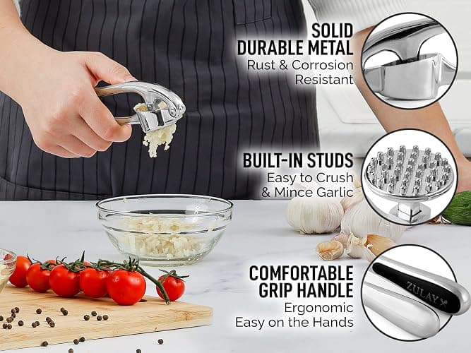 Zulay Kitchen Premium Garlic Press Set - Rust Proof Professional Garlic Mincer Tool - Easy-Squeeze, Easy-Clean with Soft, Ergonomic Handle - Silicone Garlic Peeler & Brush (Chrome) thumbnail 7