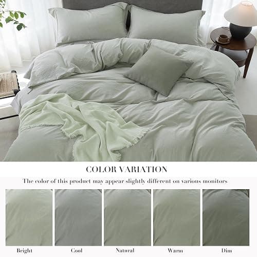 ELIMMO Cooling Twin Duvet Cover Set-100% Washed Cotton with Chic Wide Trim Design Linen Like Textured Ultra Soft Cozy Bedding with Zipper Closure(Hemmed Sage Green,Twin/Twin XL 68"x90") thumbnail 6
