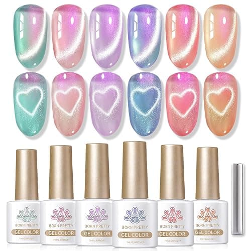 Born Pretty Magnetic Gel Nail Polish Set,Pastel Coral Sea Magnetic Eye Gel Jelly Glass Crystal Magnetic Gel Polish Nail Art Manicure Kit 6PCS - Image 1