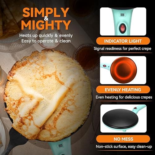 Baker's Friend Instant Crepe Maker with Handle, Electric Crepe Maker Machine, Crepera Electrica, 8 Inch Non-stick Cooking Surface, Aqua thumbnail 3