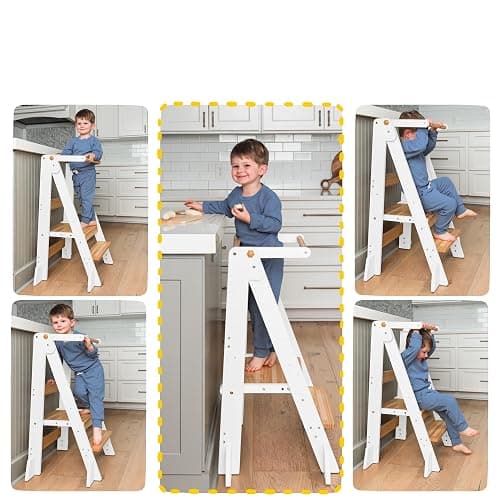 OCODILE Adjustable Foldable Toddler Tower – Folding Tower for Kids | Montessori Toddler Kitchen Step Stool Helper for Independence - White thumbnail 6
