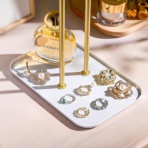 Jewelry Organizer Stand Necklace Holder – 2‑Tier T‑Bar Jewelry Display Tree with Tray for Countertop Necklace Bracelet Earring Storage, Vanity Dresser Bathroom Sink, Gold thumbnail 2