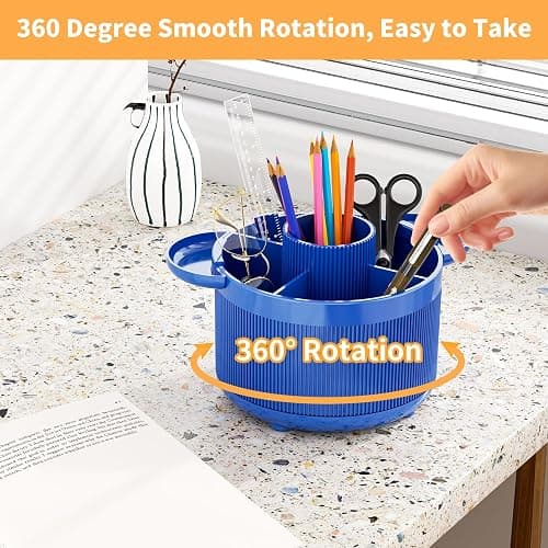 360 Degree Rotating Desk Organizer, Pencil Pen Holder with 5 Compartments and Tray Accessories, Desktop Supplies Organizers, Smooth Rotating Pen Holder Apply for Home, Office, School (Dark Blue) - Dark Blue thumbnail 3
