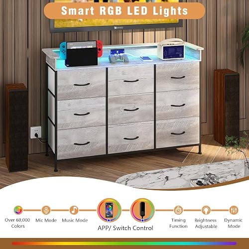 EXOTICA Dresser with Charge Station 9 Drawers Dresser for Bedroom with LED Lights Tall Wide Fabric Dressers & Chests of Drawers for Closet Hallway Entryway Sturdy Steel Frame Wood Top thumbnail 4